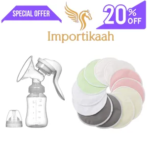 Big Savings Bundle: Importikaah Organic Bamboo Breastfeeding Pads (12 Pack) & Manual Breast Pump