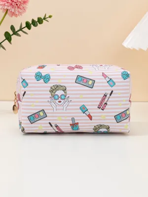 Girl Face Cosmetic Print Striped Makeup Bag Cosmetic Organizer Toiletries Bag