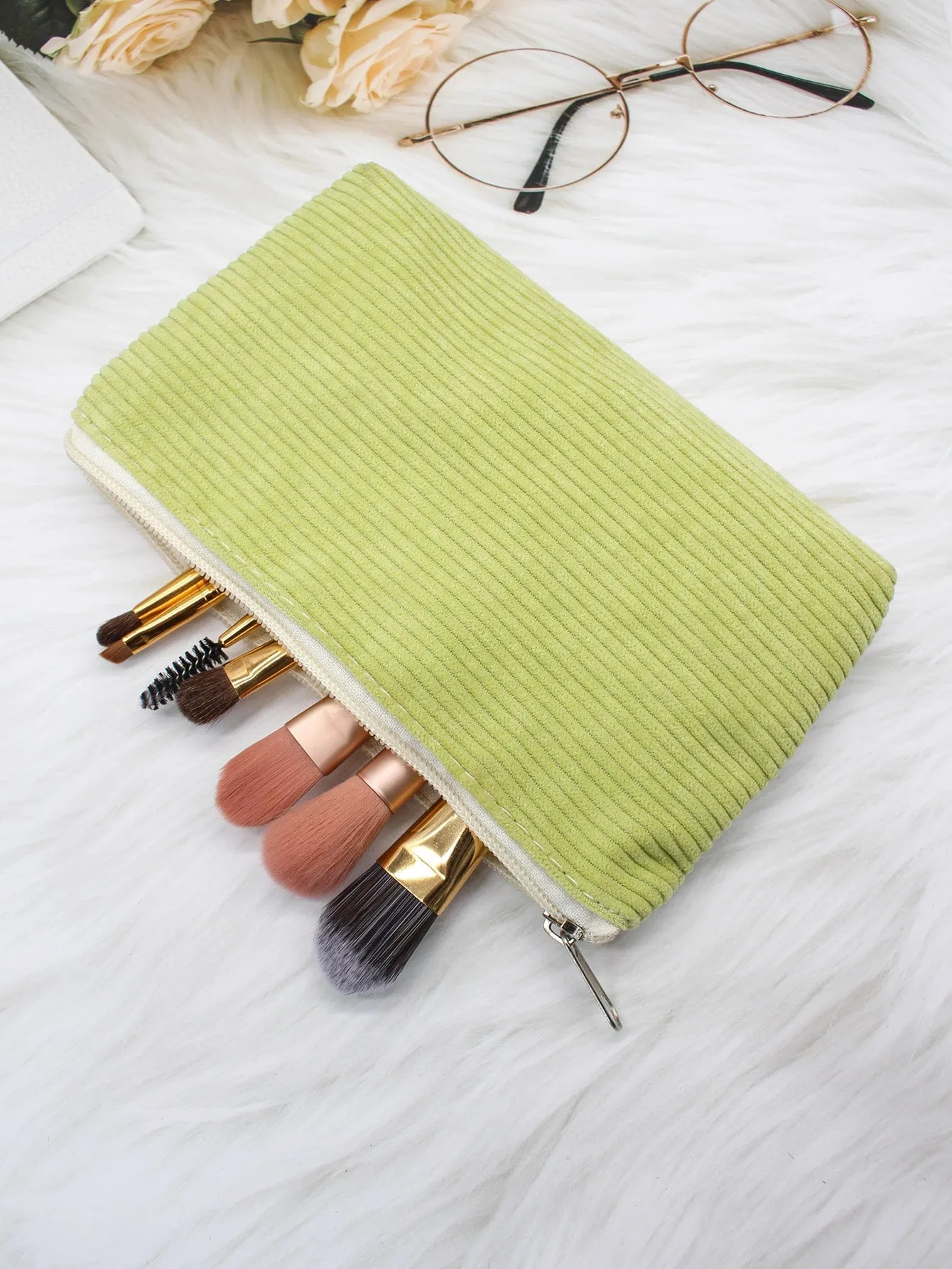 Green Striped Minimalist Makeup Bag Cosmetic Organizer Toiletries Bag Makeup