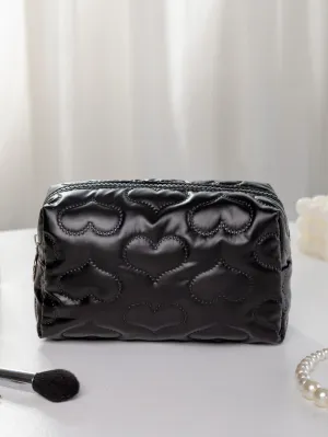 Heart Quilted Square Black Color Makeup Bag Cosmetic Organizer Toiletries Bag