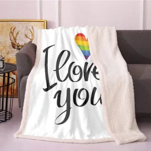 Pride Fleece Blanket,I Love You Letters With Polygonal Effect Rainbow Color Heart Gay Lesbian Couples Blanket